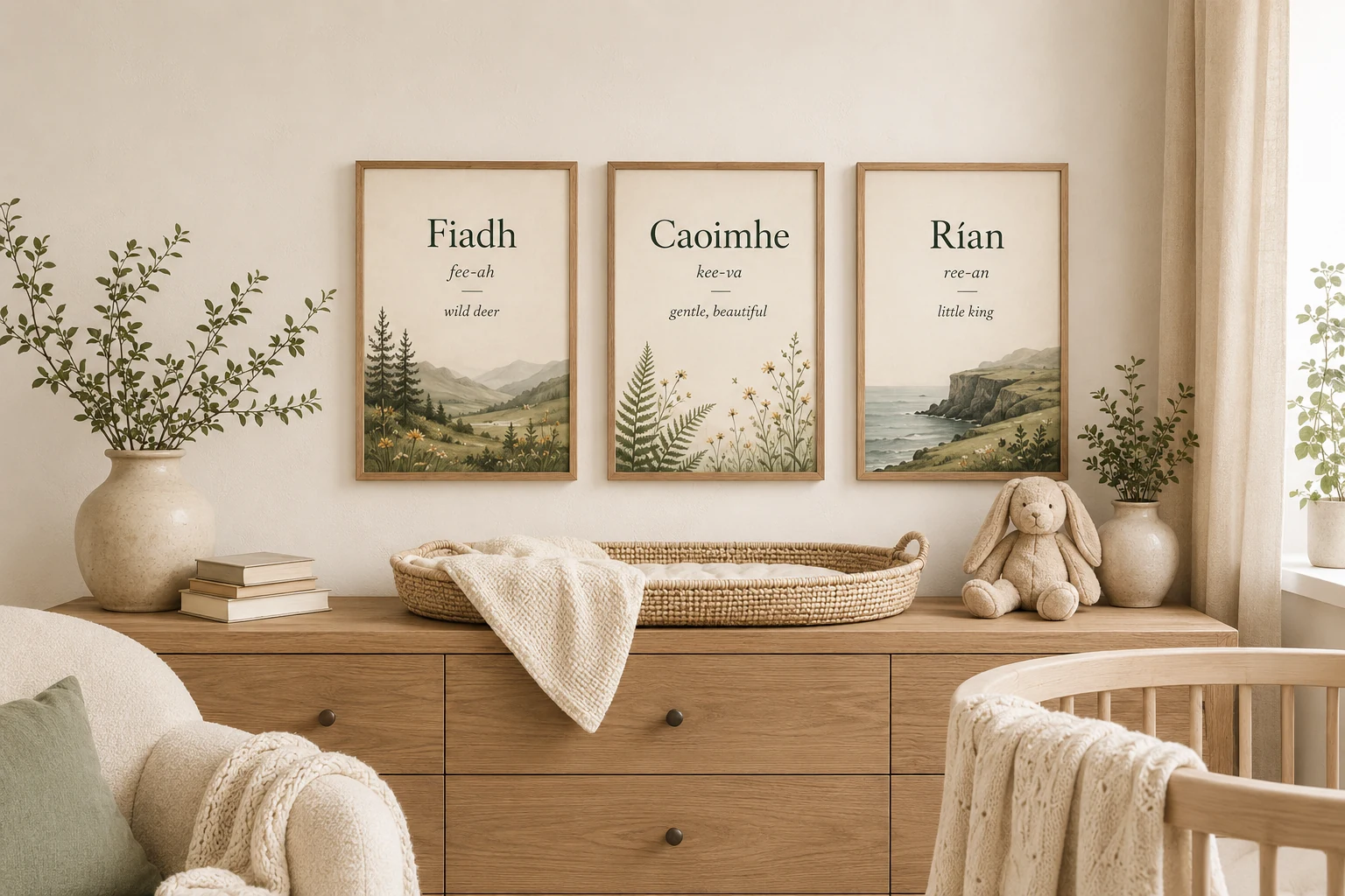Framed Irish name prints - Fiadh, Caoimhe and Rían - on a nursery wall above the dresser