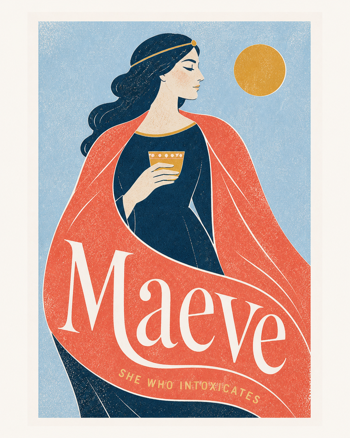 Maeve illustration with the name woven into a coral cloak